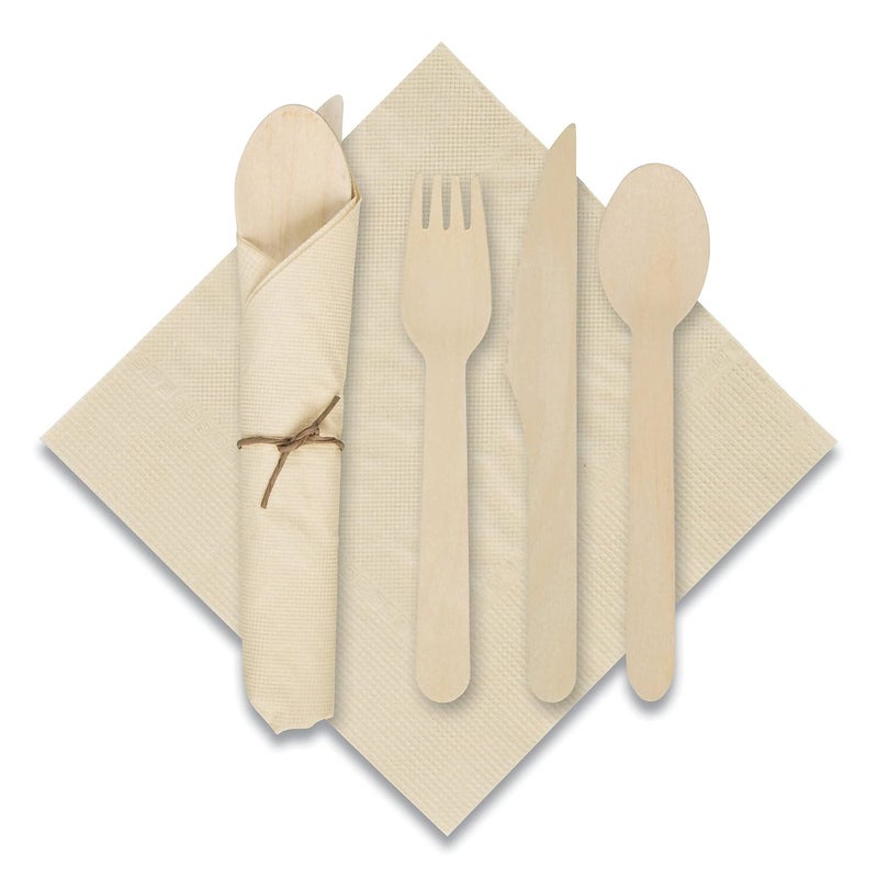 Hoffmaster-120030 6" x 6" CaterWrap Pre-Rolled Kraft Napkins with Wood Cutlery, 100ct